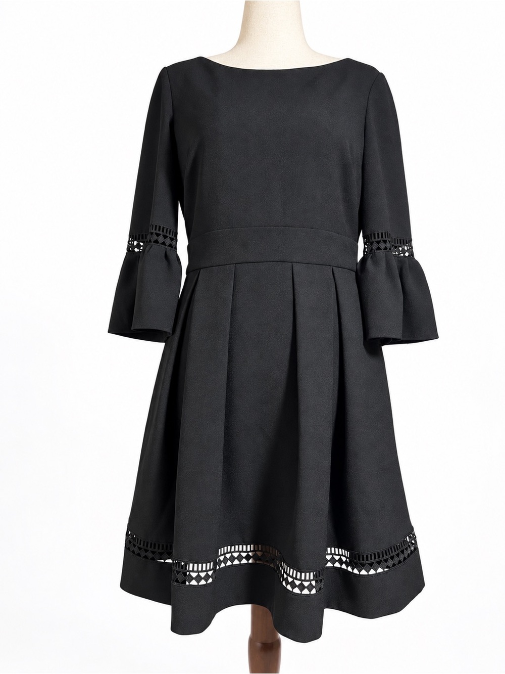 Elisa J Black Fit & Flare Dress Size 12 Lace Trim Bell Sleeves